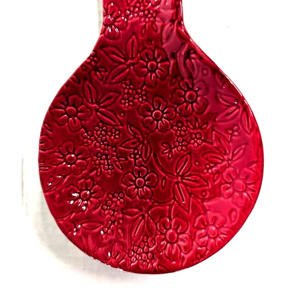 Holiday Red Floral Kitchen Spoon Rest Utensil Holder Ceramic 9.5-In Gift NEW - Picture 4 of 6
